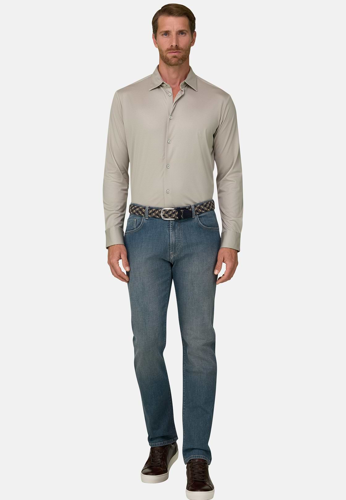 Polo Camicia in Cotone e Seta Regular Fit, Beige, hi-res, 2