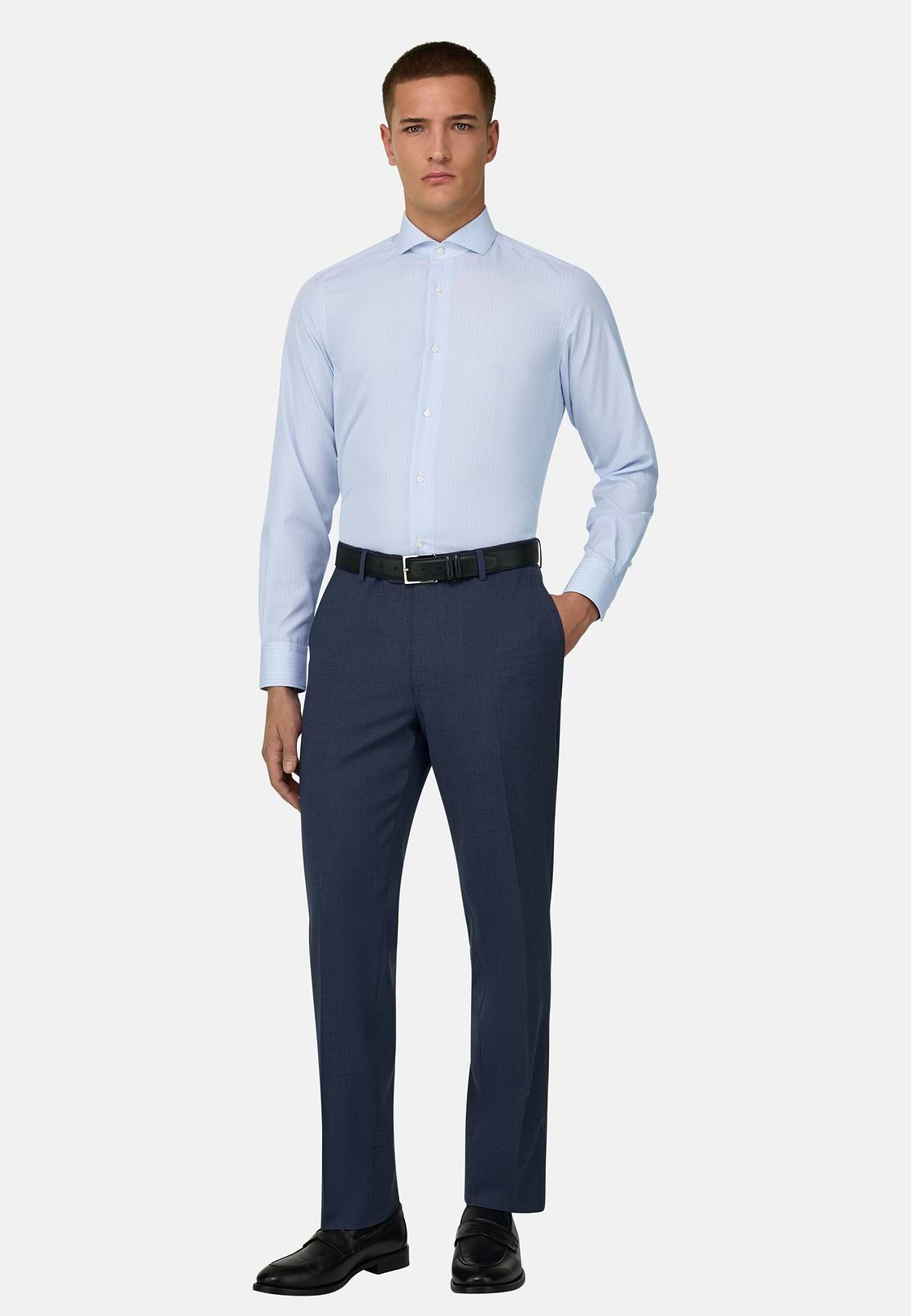 Camicia A Righe In Cotone Slim Fit, Azzurro, hi-res, 2