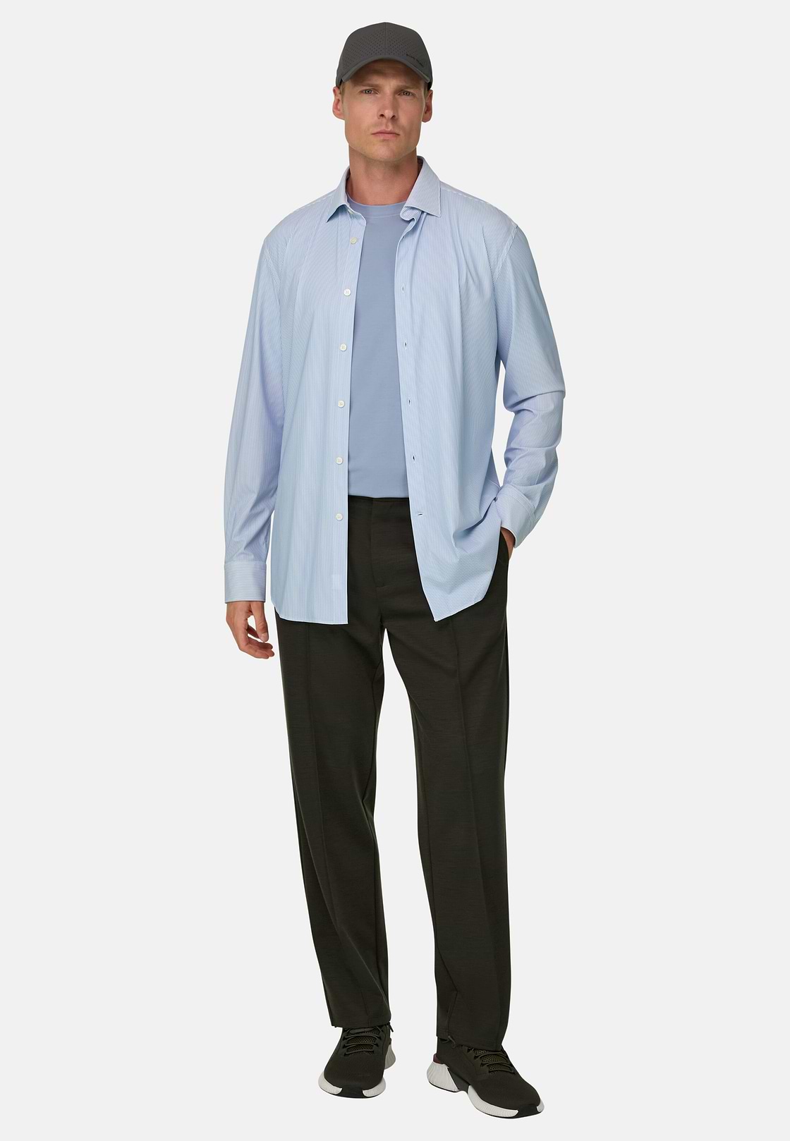 Overhemd Gestreept in Elastisch Nylon B Tech Slim Fit, Light Blue, hi-res, 2