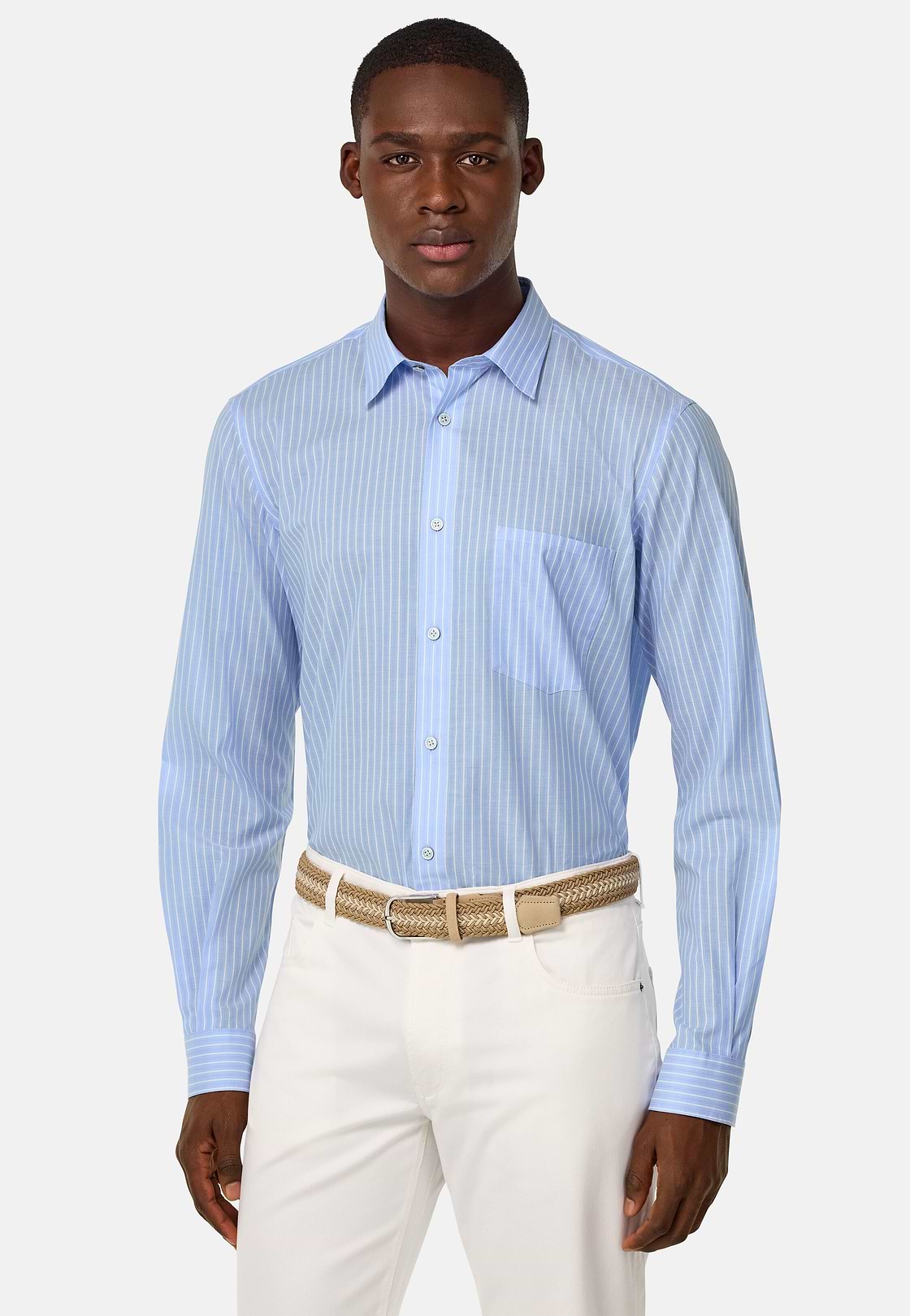 Camicia In Popeline Di Cotone A Righe Regular, Azzurro, hi-res