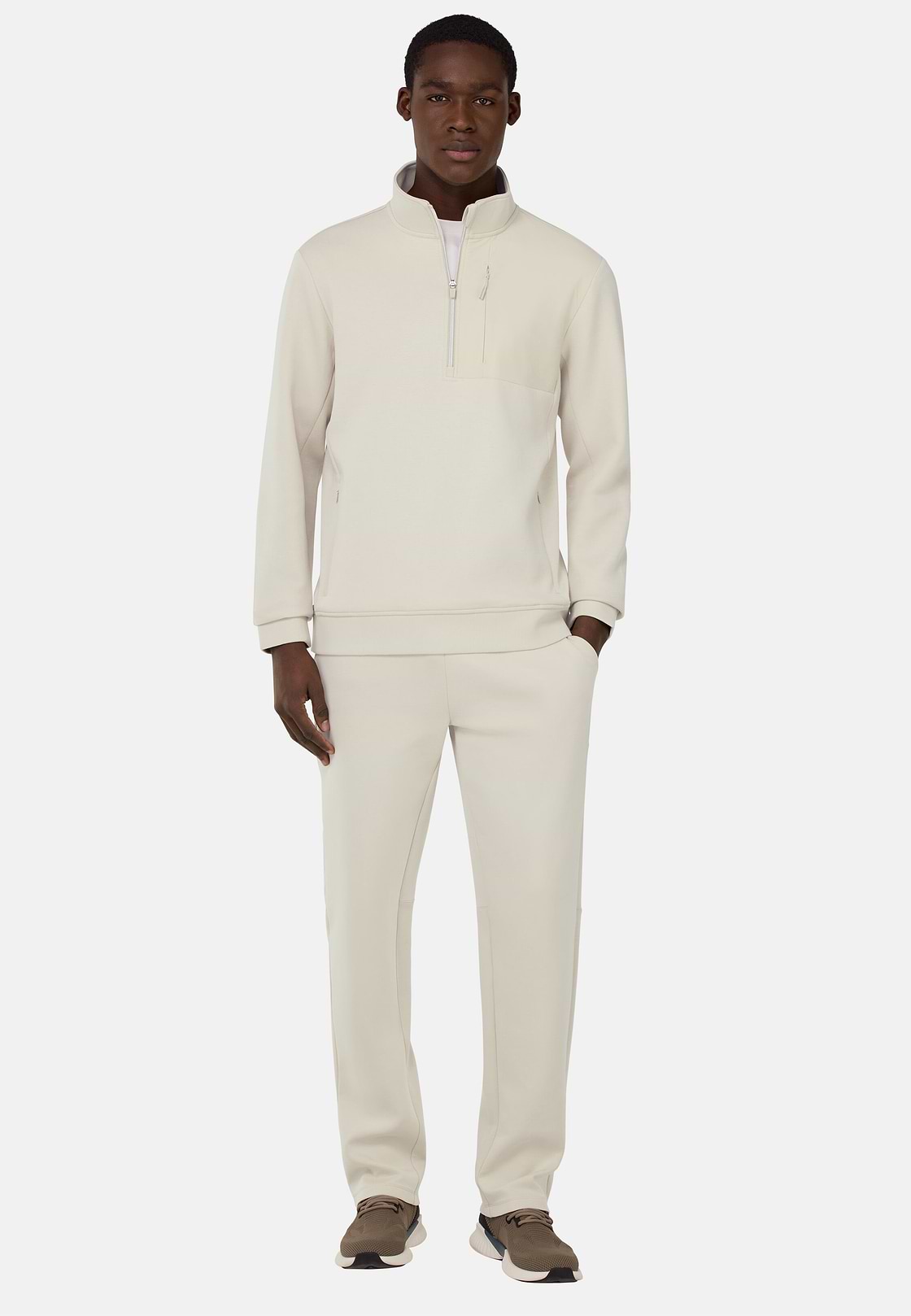 Felpa Mezza Zip In Light Scuba Misto Cotone, Sabbia, hi-res, 2