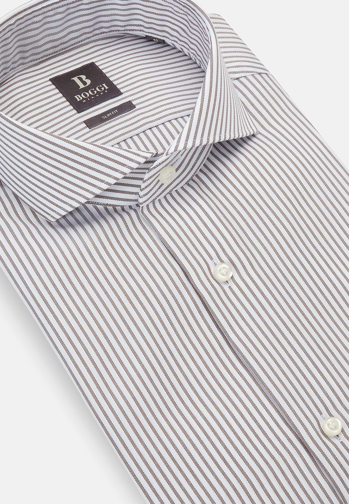 Slim Fit Striped Cotton Twill Shirt, Brown, hi-res