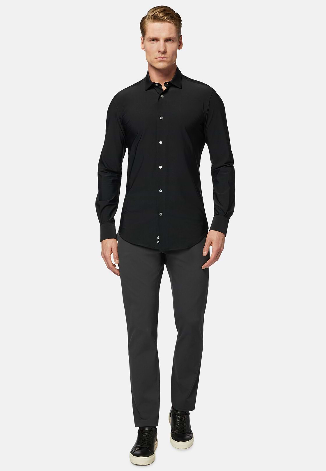 Black Stretch Nylon Slim Fit Shirt, Black, hi-res