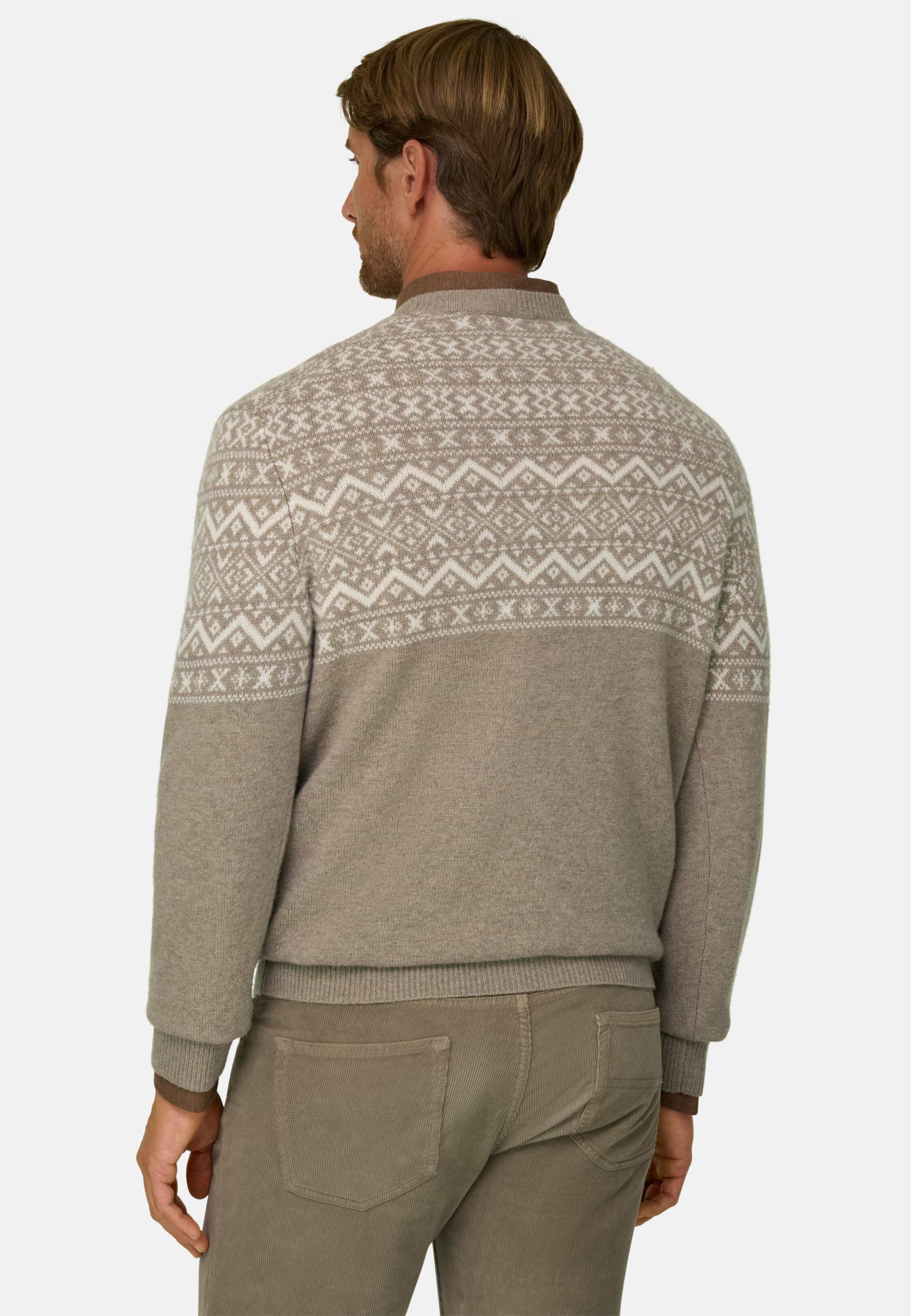 Crew Neck Jumper in Cashmere Wool Fair Isle Pattern, Beige | Boggi