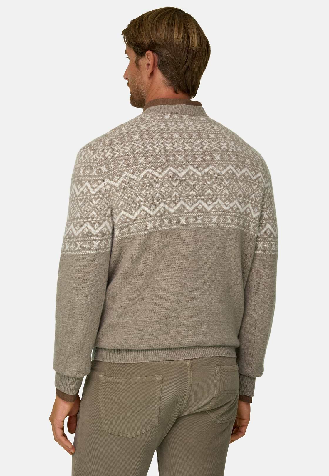 Crew Neck Jumper in Cashmere Wool Fair Isle Pattern, Beige, hi-res, 4