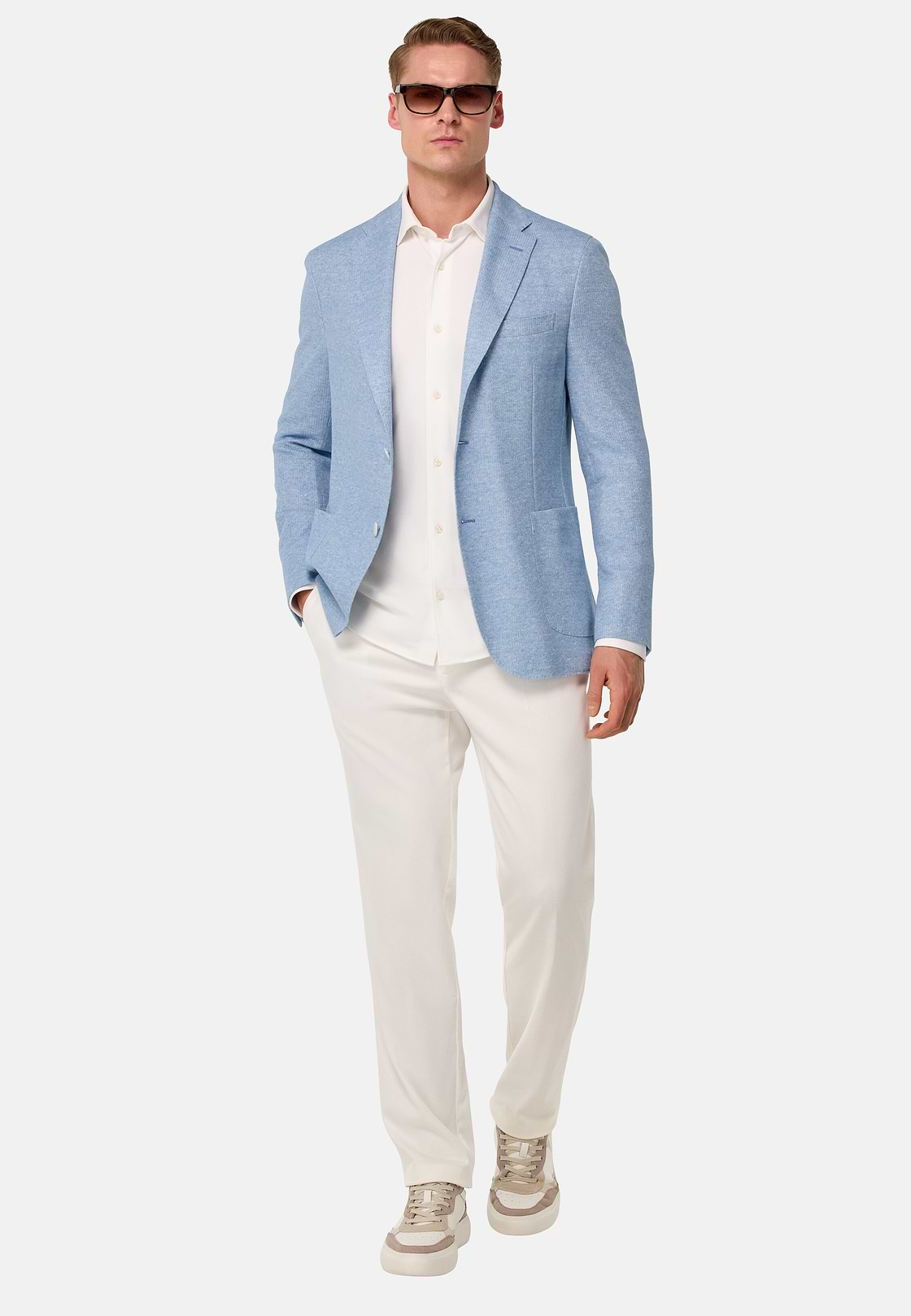 Chaqueta Jaspeada De Lino Algodón B Jersey, Azul claro, hi-res