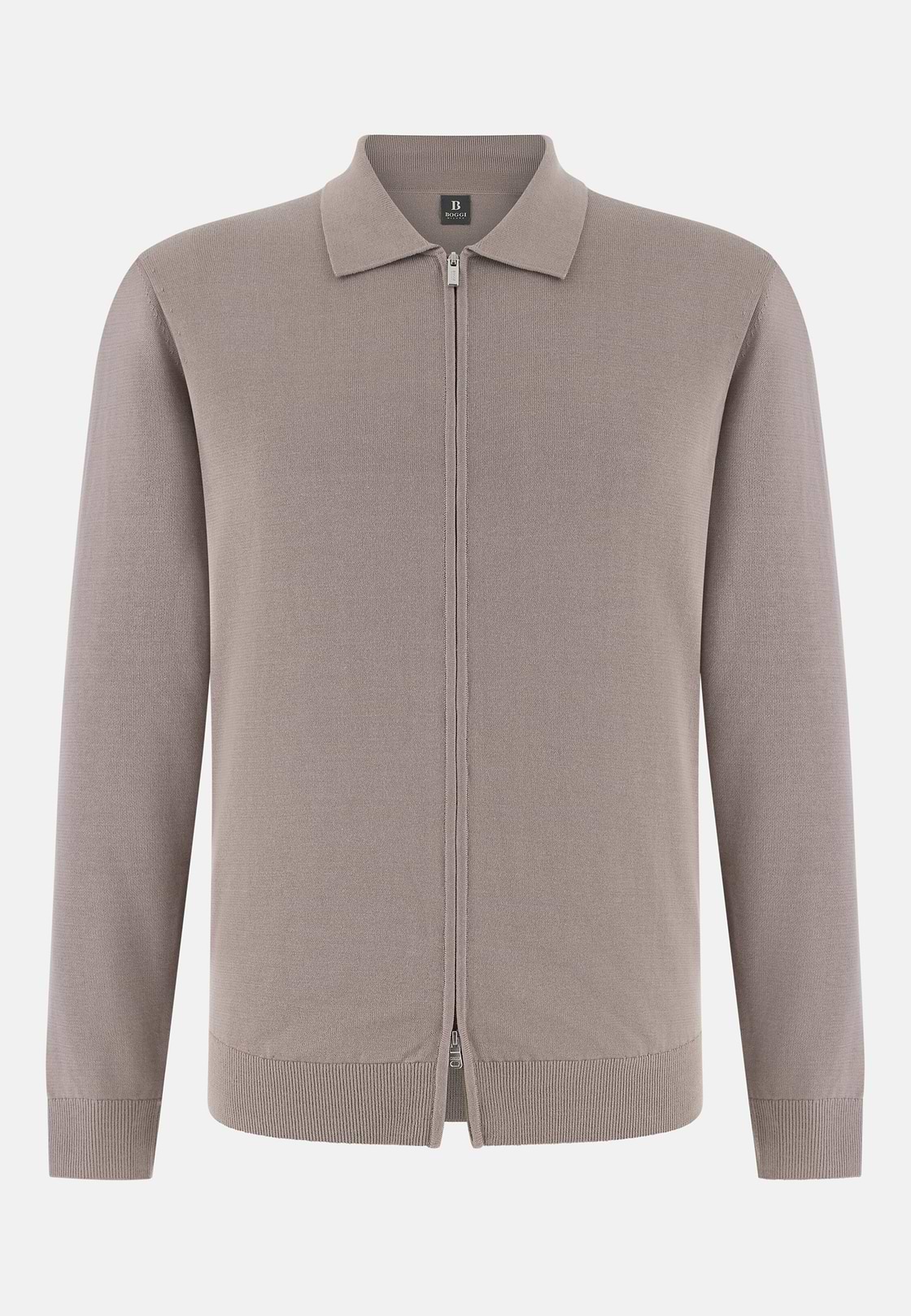 Cotton Full Zip Shirt Collar Sweater, Taupe, hi-res, 5