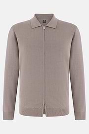 Cotton Full Zip Shirt Collar Sweater, Taupe, thumb, 5