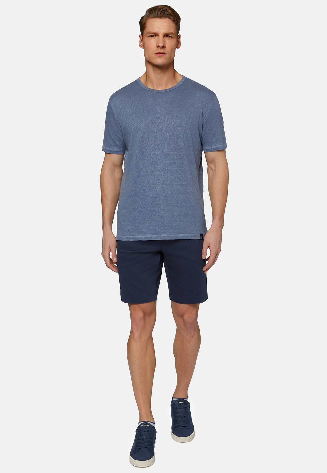 T-Shirt in Stretch Linen Jersey, Indigo, hi-res