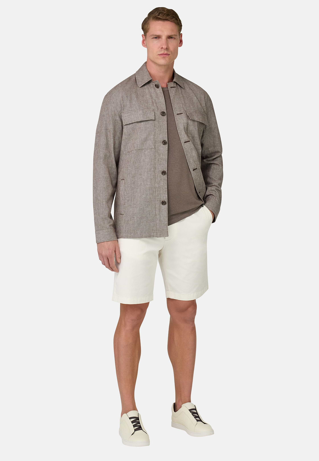 Cotton Linen Shirt Jacket, Brown, hi-res