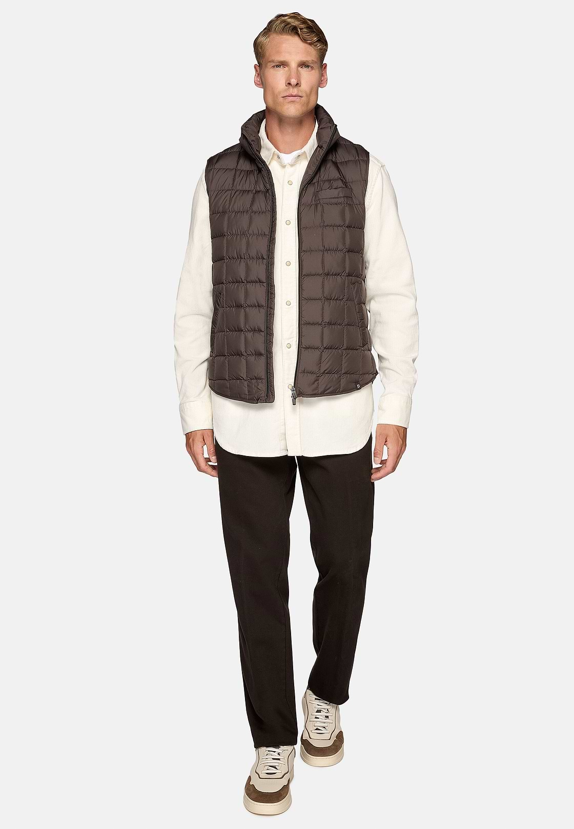 Gilet In Technical Fabric With Goose Down, Brown, hi-res