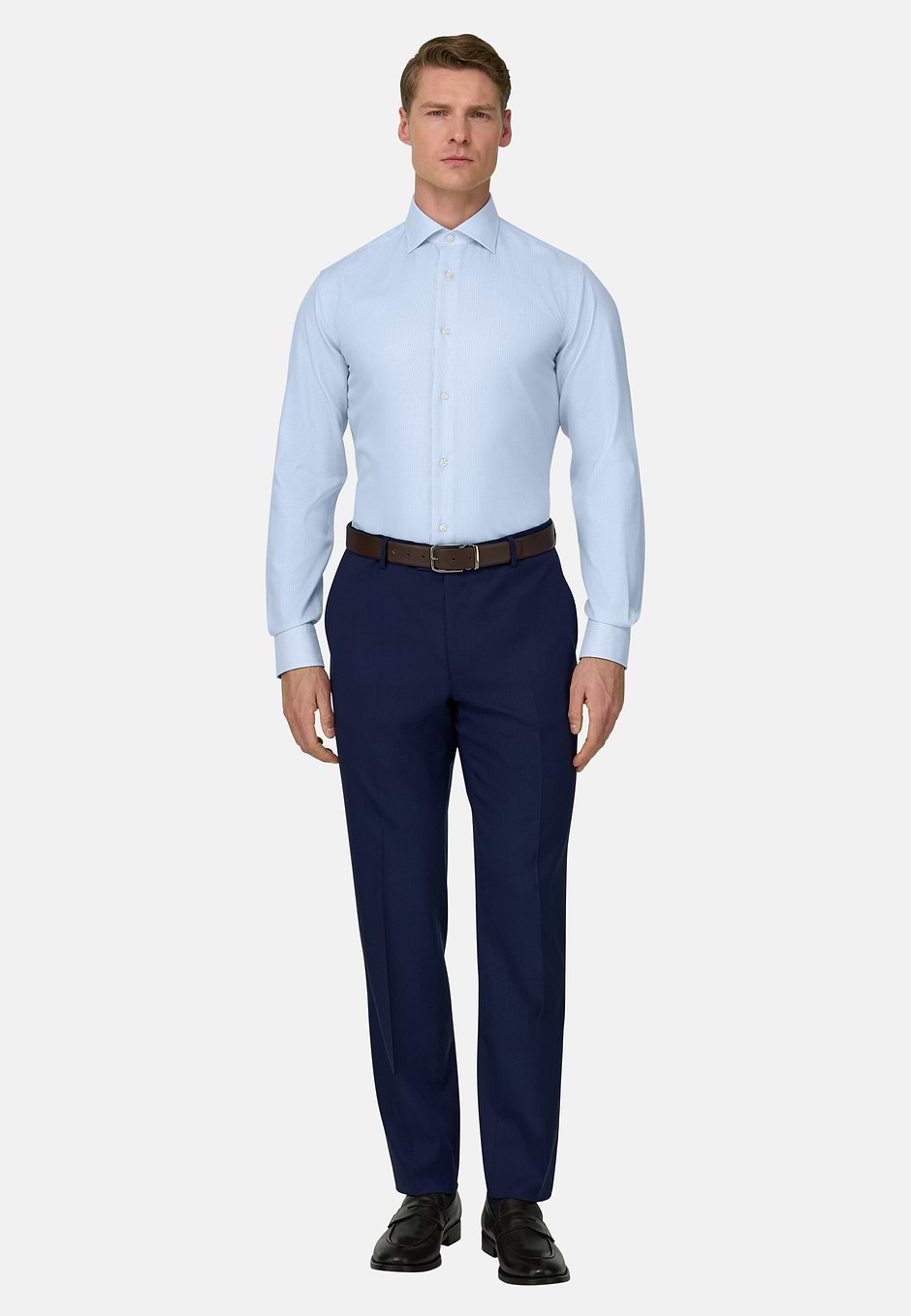 Camicia A Righe In Cotone Slim Fit, Azzurro, hi-res