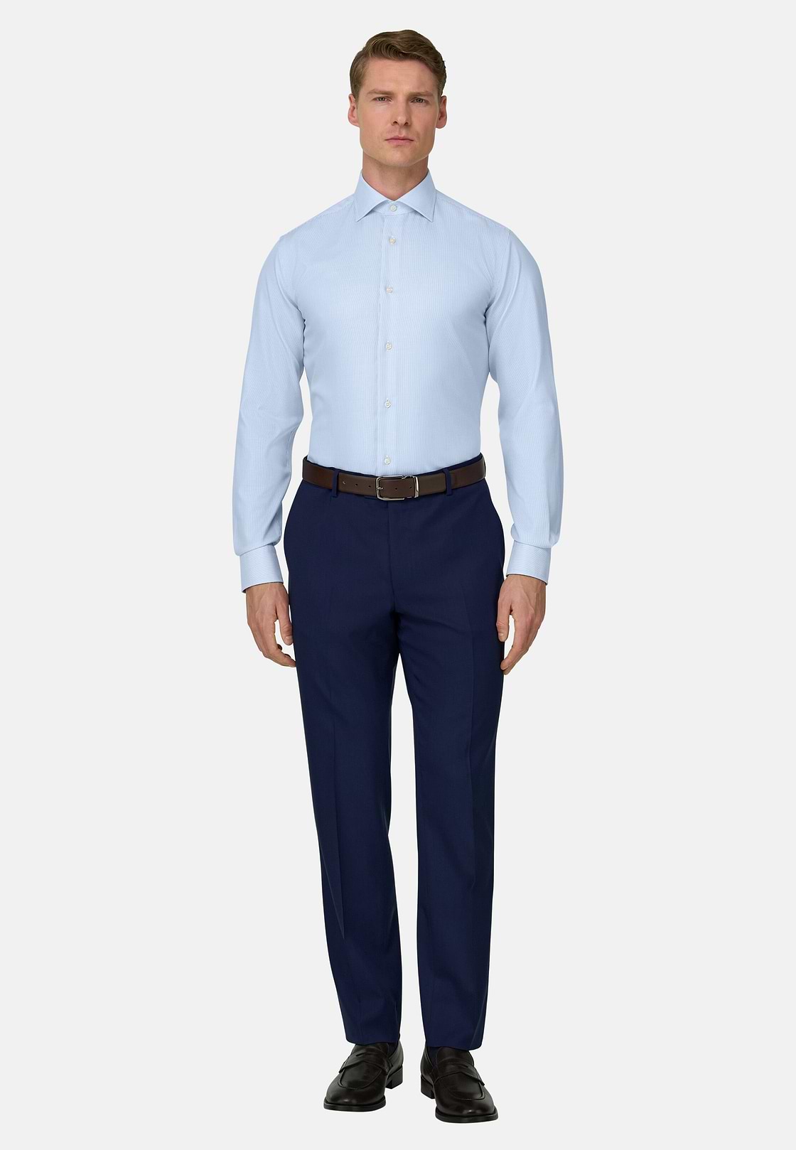 Camicia A Righe In Cotone Slim Fit, Azzurro, hi-res, 2