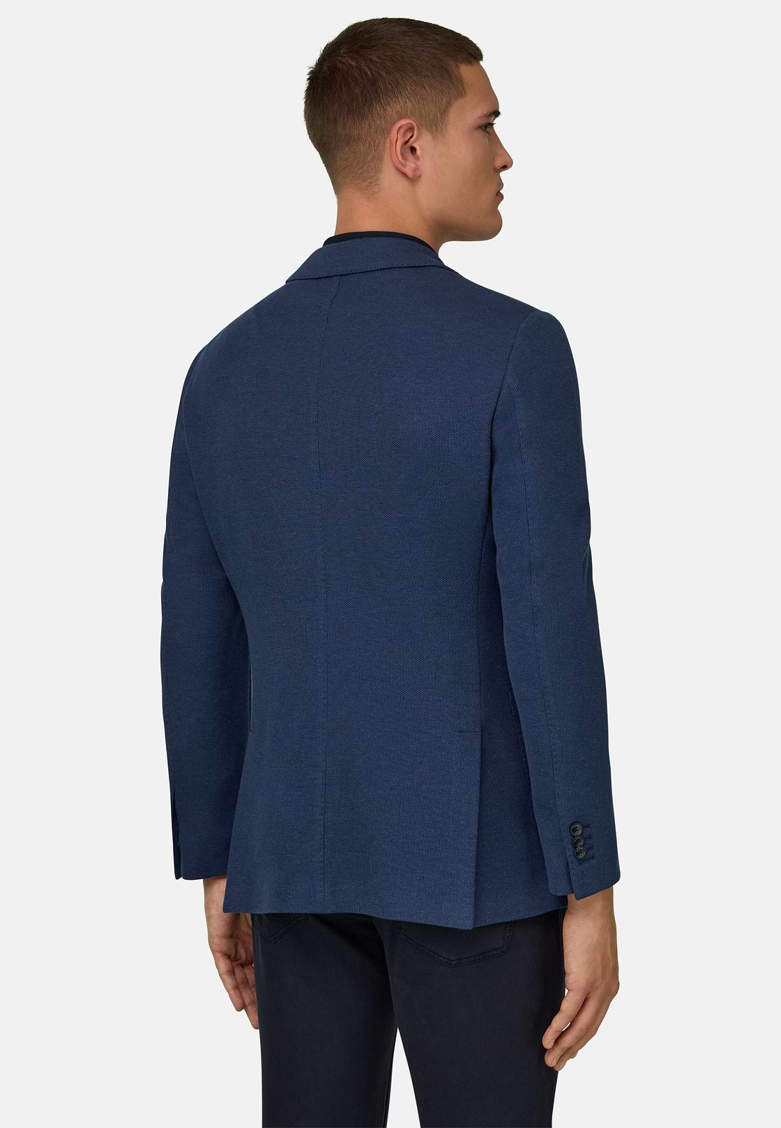 B Jersey Micro Textured Jacket in Pure Cotton, Medium Blue, hi-res, 3