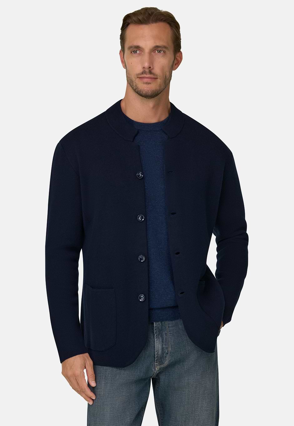 Sweter Rozpinany z Dzianiny z Wełny Merino Superfine, Navy blue, hi-res