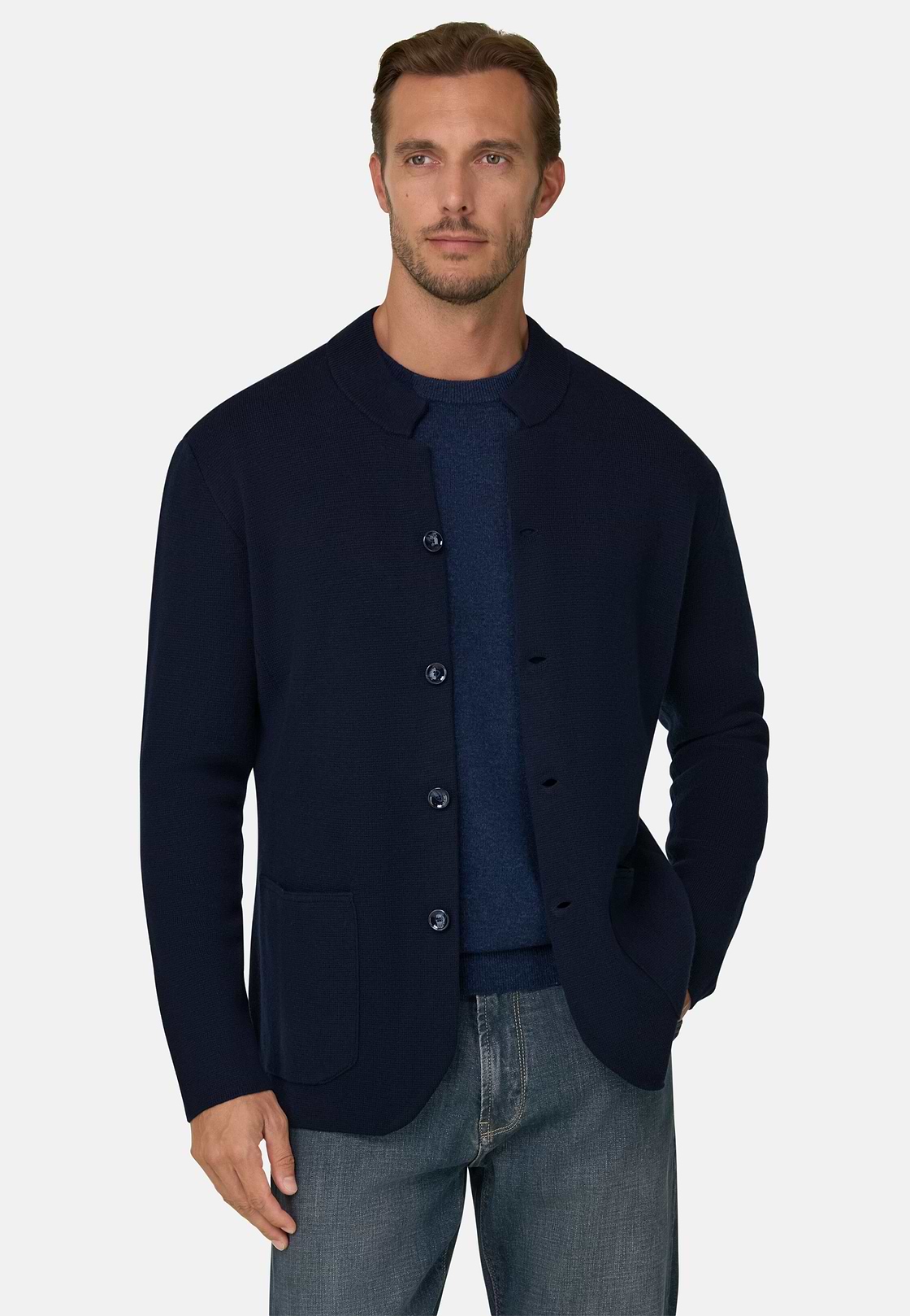Knitted Jacket in Superfine Merino Wool, Navy blue, hi-res, 1