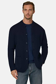 Knitted Jacket in Superfine Merino Wool, Navy blue, thumb, 1