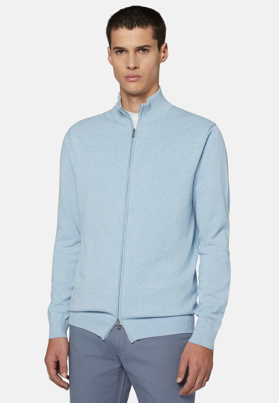 Cotton Full Zip Sweater 14Gg, Light Blue, hi-res