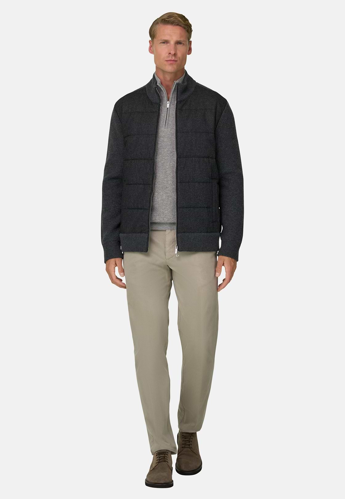 Full-Zip Jumper in Cashmere Blend, Charcoal, hi-res, 2