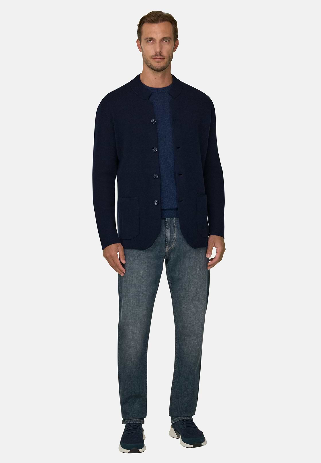 Knitted Jacket in Superfine Merino Wool, Navy blue, hi-res, 2