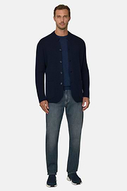 Knitted Jacket in Superfine Merino Wool, Navy blue, thumb, 2