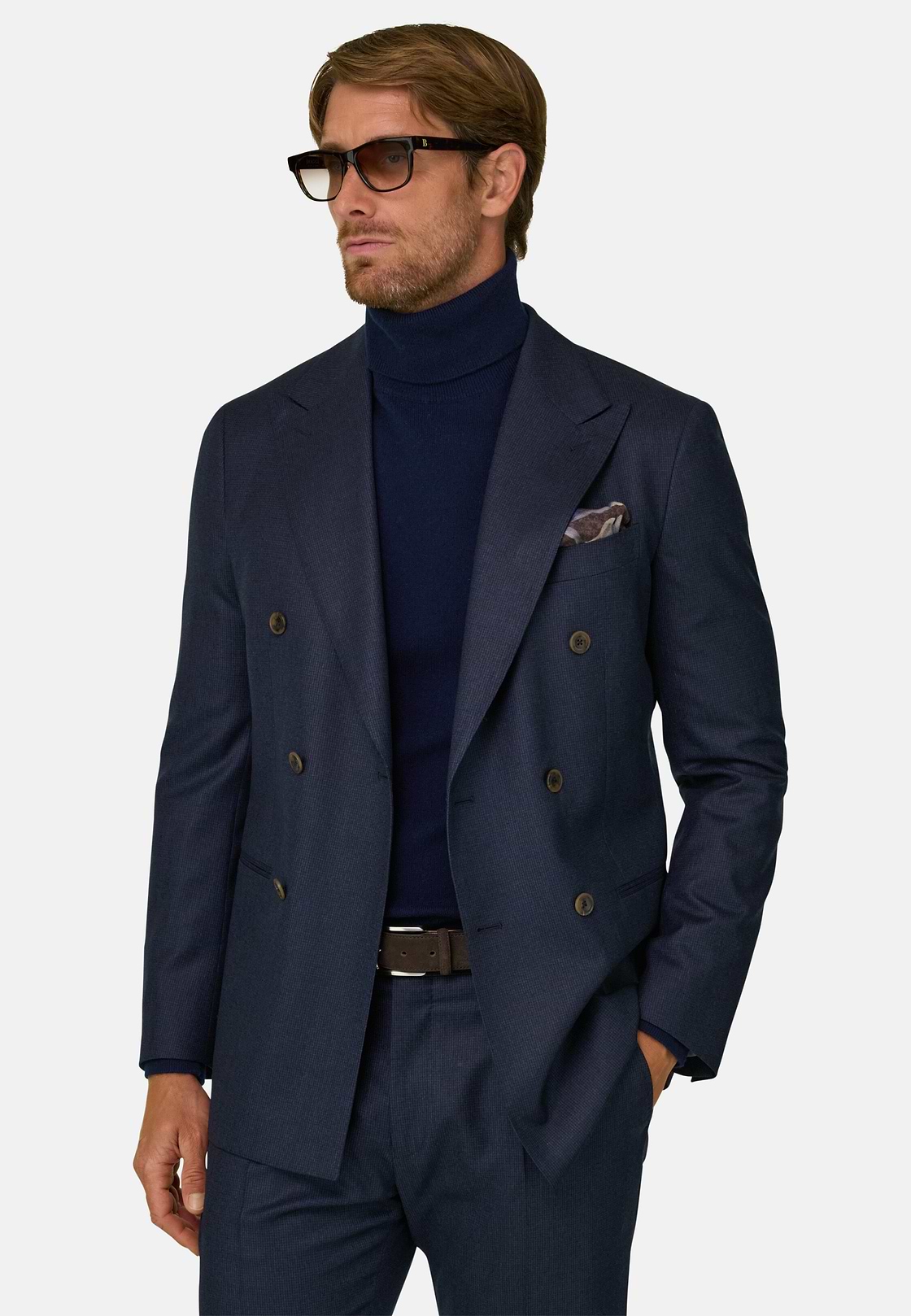 Suit Double-Breasted Patterned Wool Flannel, Navy blue, hi-res, 1