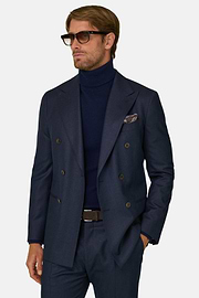 Suit Double-Breasted Patterned Wool Flannel, Navy blue, thumb, 1