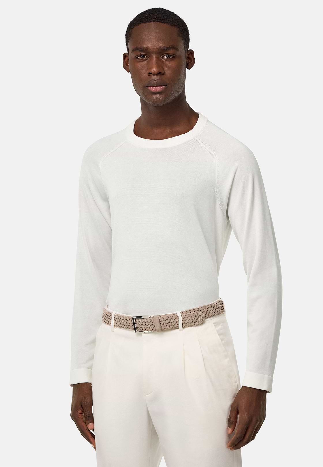 Cotton and Silk Crew Neck Jumper, White, hi-res