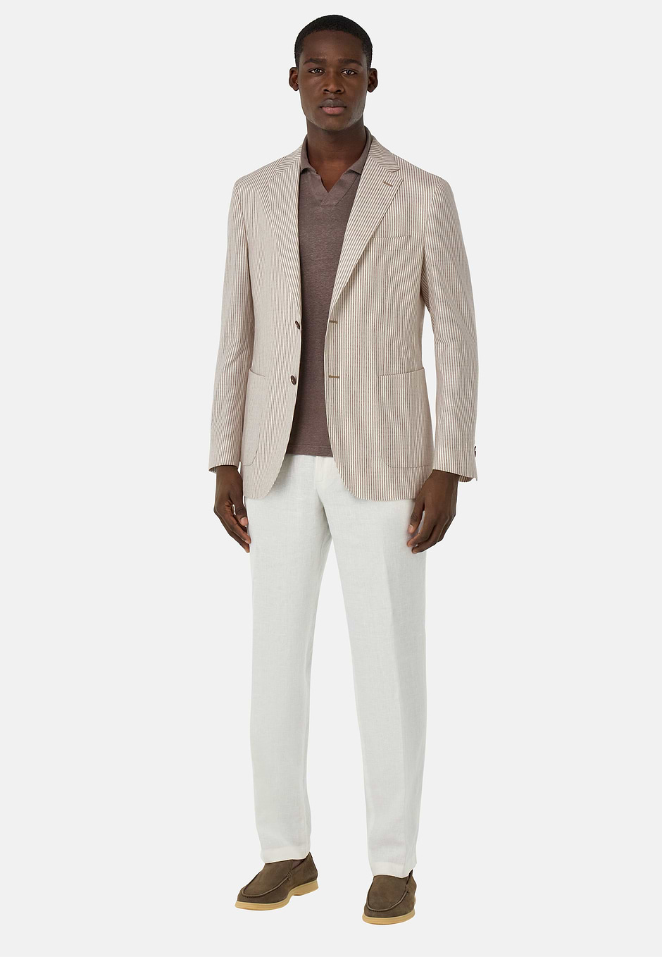 Veste À Fines Rayures En Coton Lin Laine Soie, Marron, hi-res