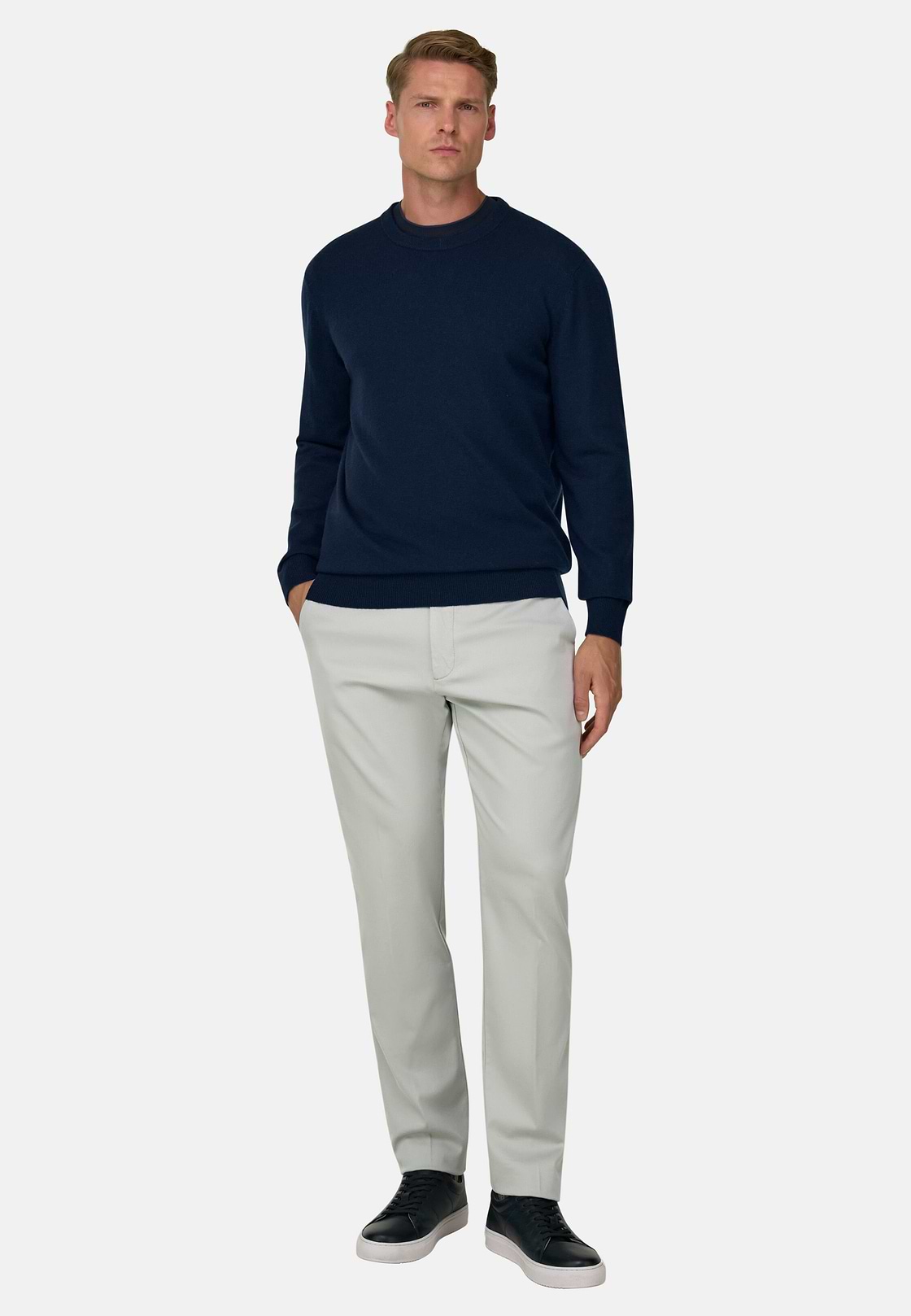 Crew Neck Jumper in Cashmere Blend, Navy blue, hi-res, 2