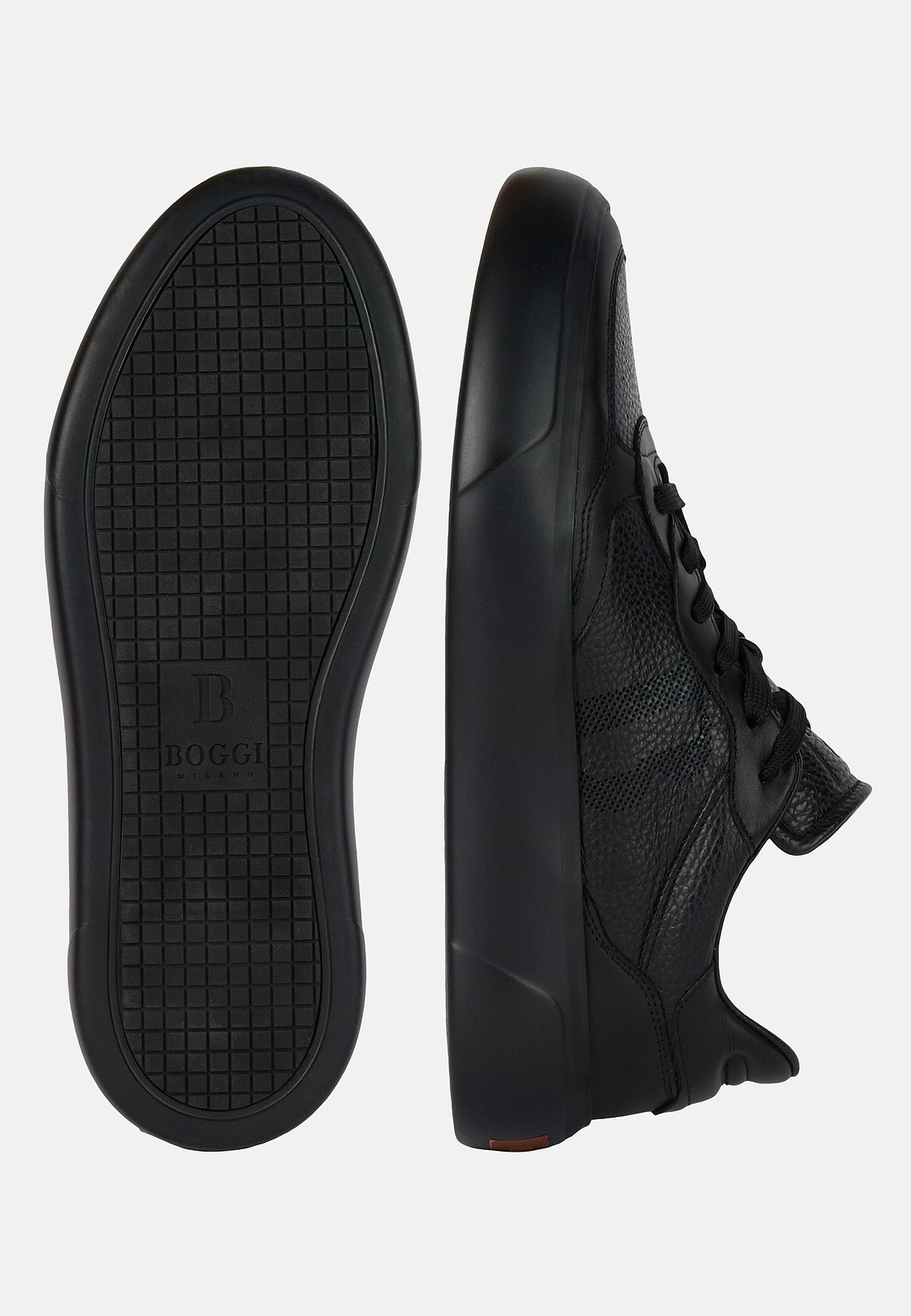 Tumbled Leather Trainers With Logo, Black, hi-res