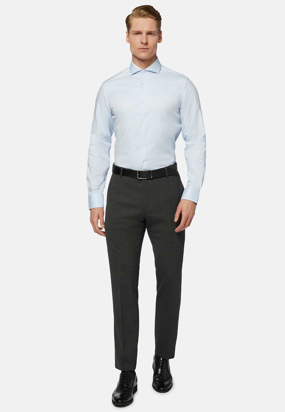 Blue pin point cotton slim fit shirt, Light blue, hi-res