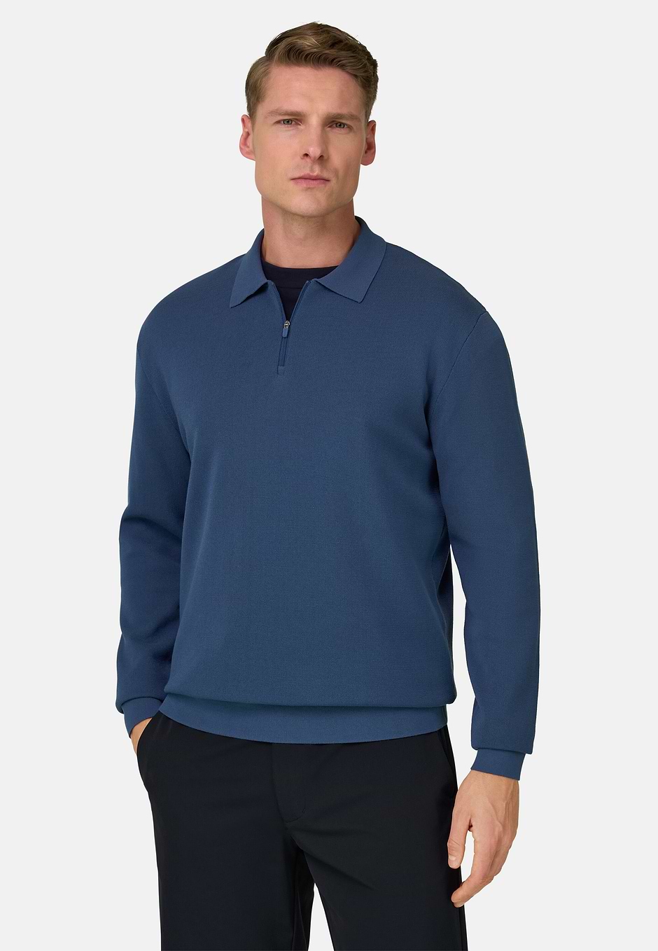 Cotton and Polyester Knitted Polo Shirt, Air-blue, hi-res