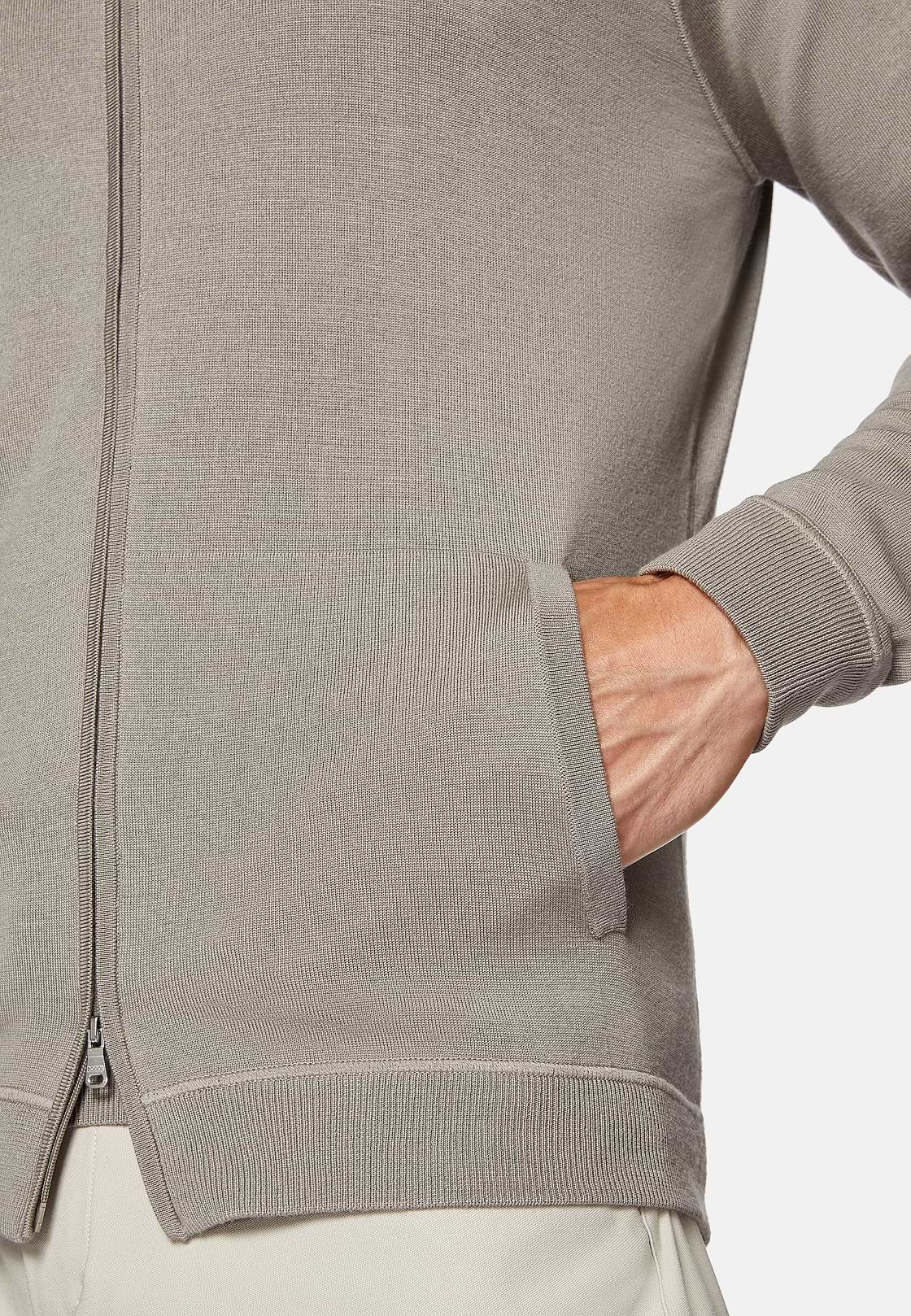 Maglia Full Zip Con Cappuccio Taupe In Lana Merino, Taupe, hi-res