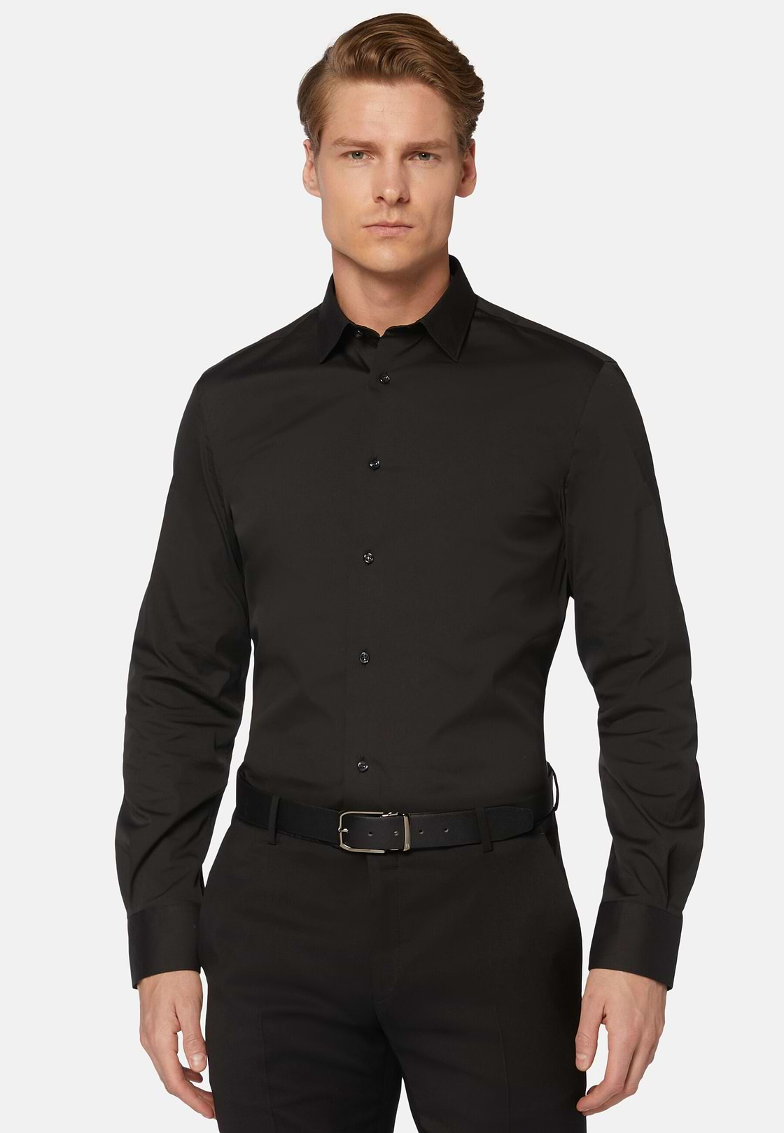 Camisa Negra De Algodón Elástico Corte Slim, Negro, hi-res