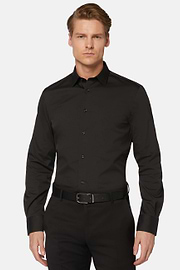 Camisa Negra De Algodón Elástico Corte Slim, Negro, hi-res