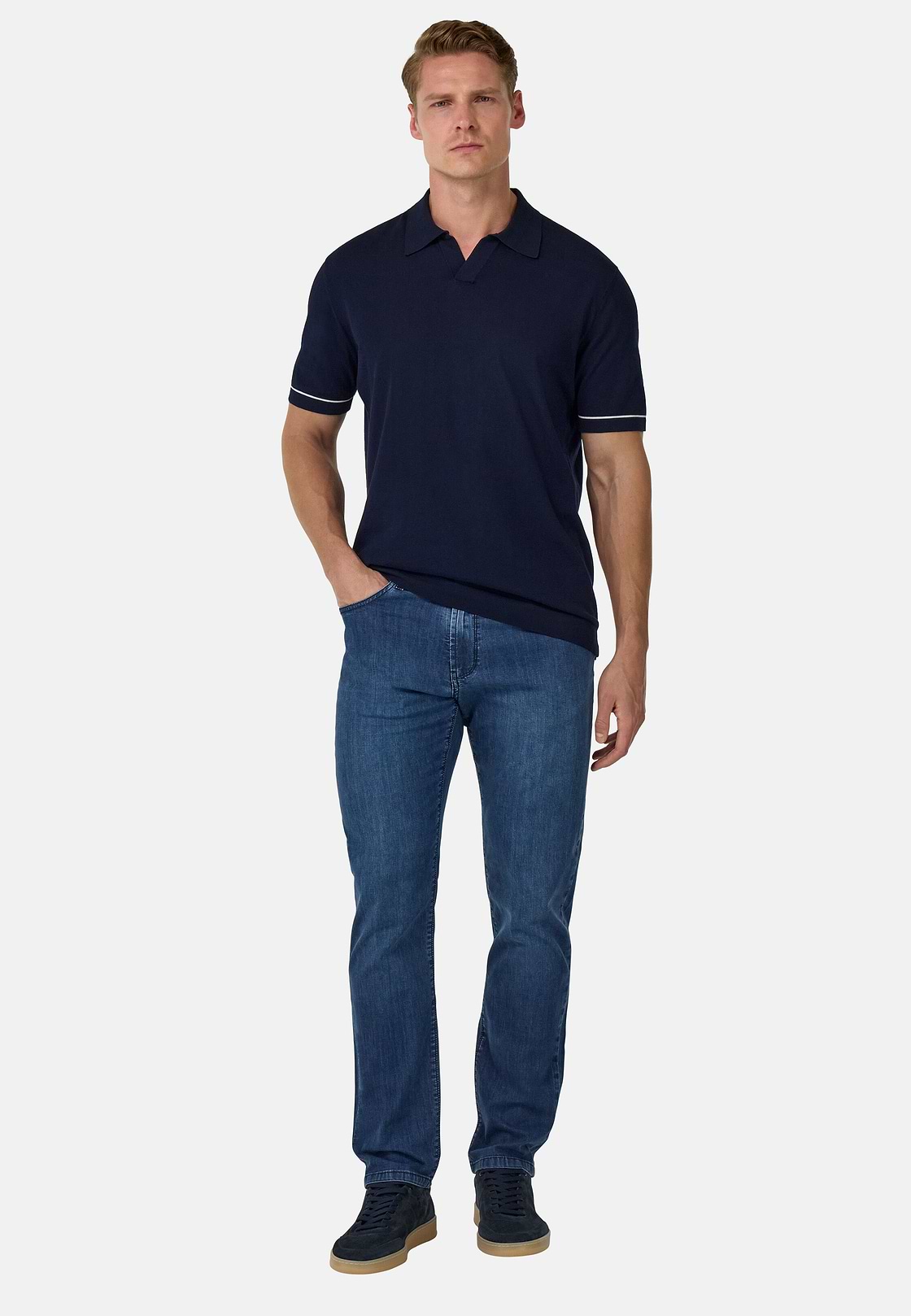 Cotton Crêpe Knit Polo Shirt, Navy blue, hi-res