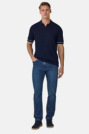 Cotton Crêpe Knit Polo Shirt, Navy blue, hi-res