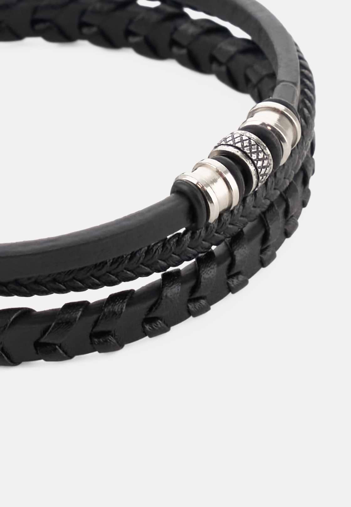 Braided Leather Bracelet, Black, hi-res, 2