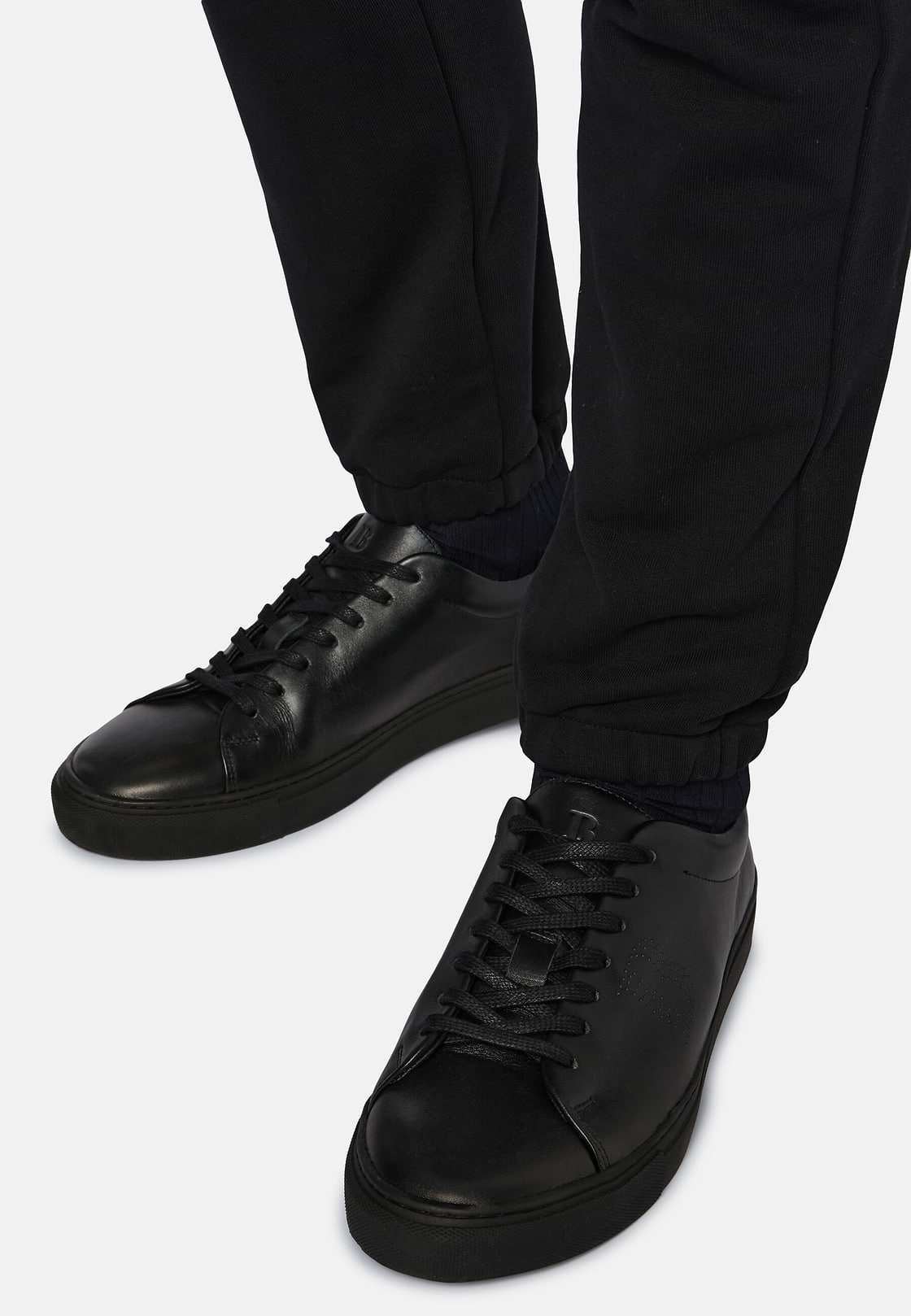 Black Leather Trainers with Logo, Black, hi-res