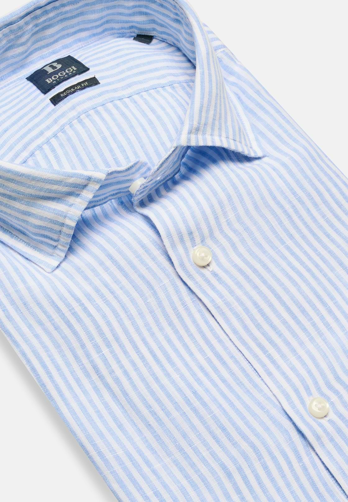 Striped Linen Closed Collar Shirt Regular Fit, Medium Blue, hi-res