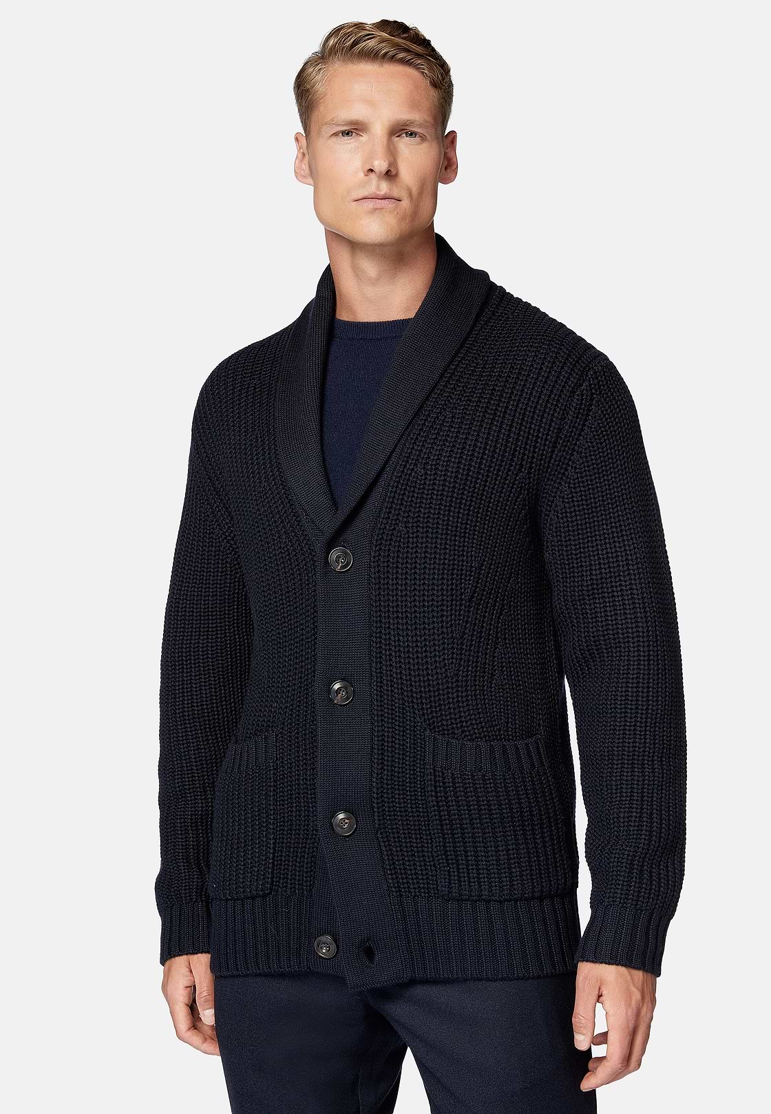 Navy Shawl Neck Cardigan In Merino Wool, Navy blue, hi-res