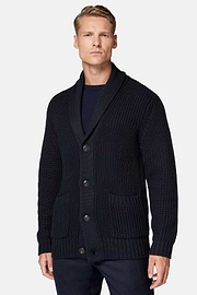 Navy Shawl Neck Cardigan In Merino Wool, Navy blue, hi-res