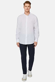 Linen Korean Collar Shirt Regular Fit, White, hi-res