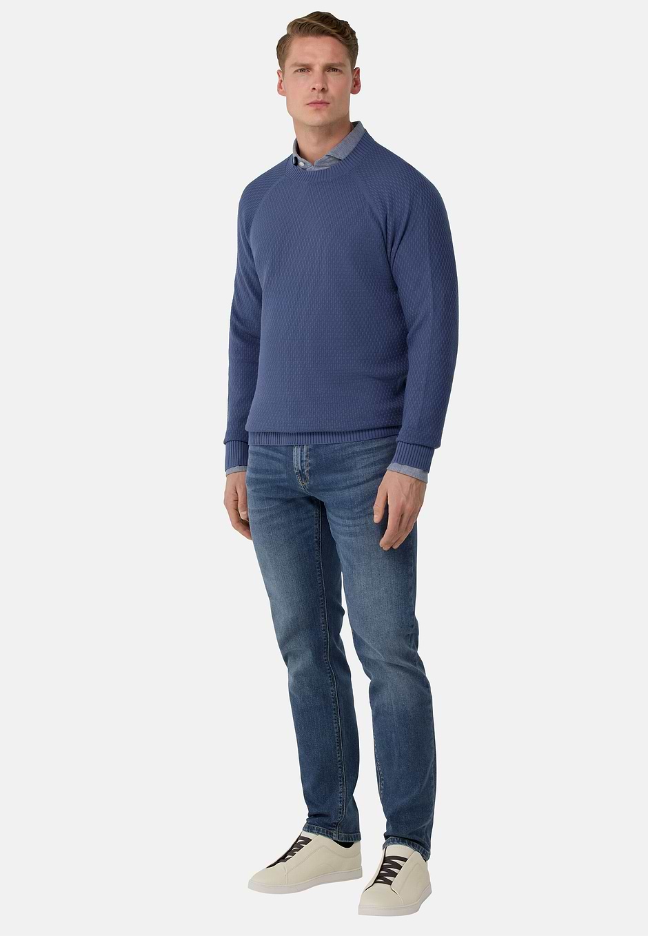 Maglia Girocollo in Cotone, Indaco, hi-res