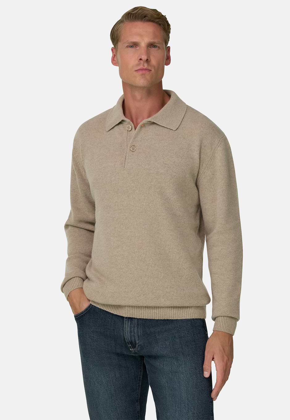 Polo en Maille Mixte Cachemire, Beige, hi-res