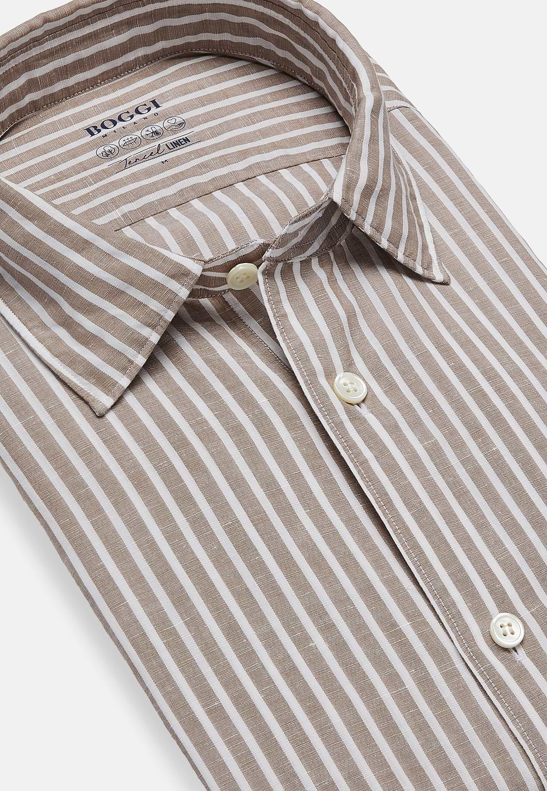 Camisa De Rayas Marrones De Tencel Lino Corte Regular, marrón, hi-res