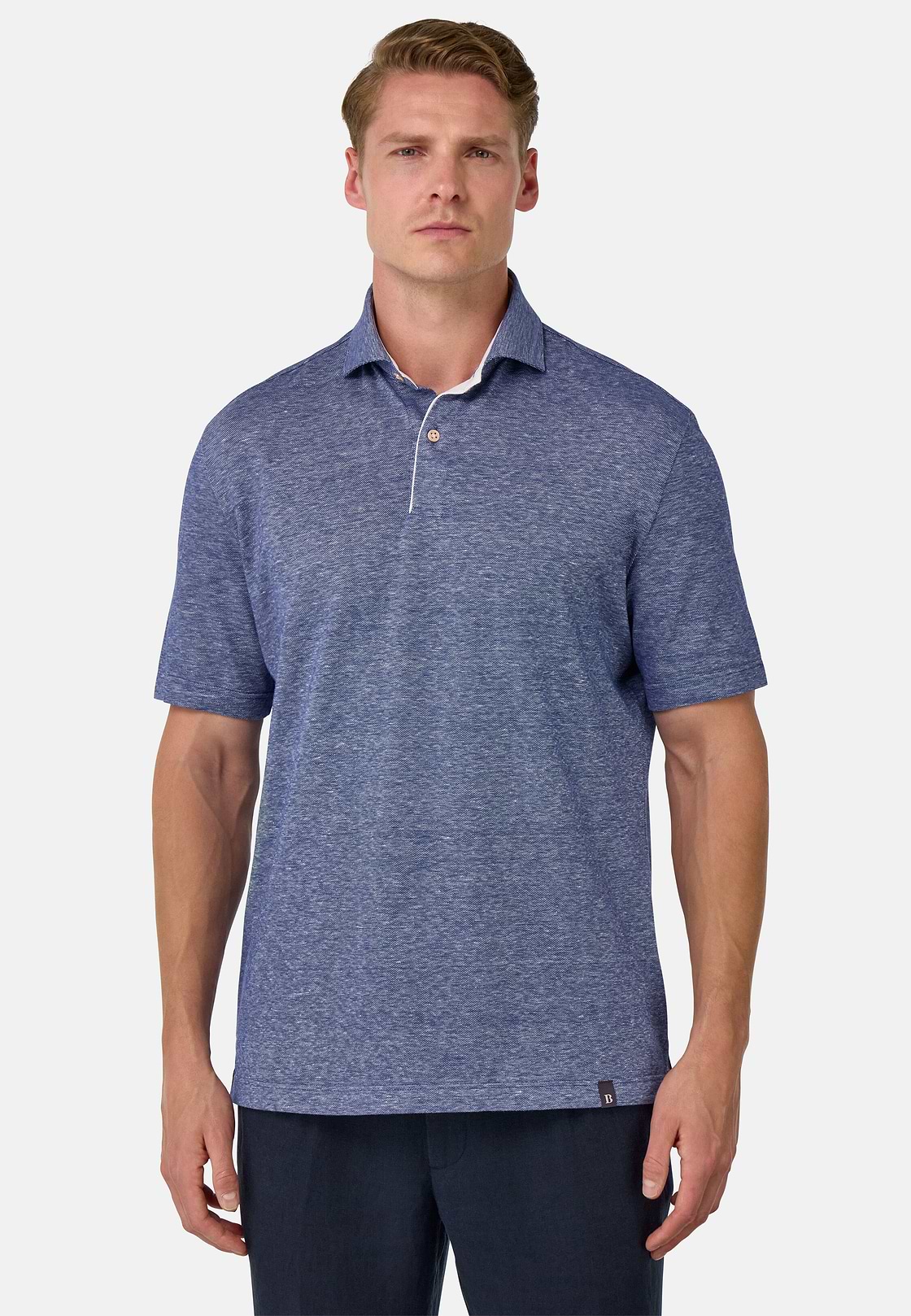 Cotton/Linen Piqué Polo Shirt, Blue, hi-res