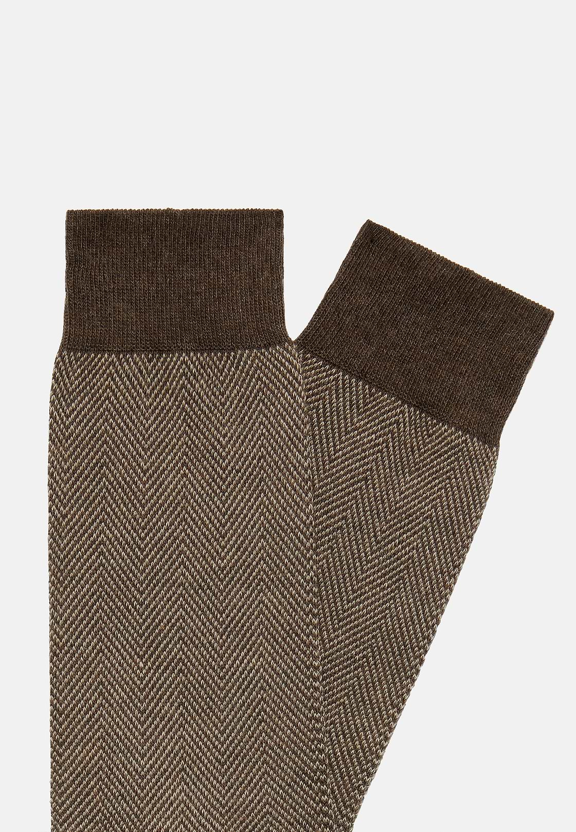 Herringbone Pattern Socks In Organic Cotton, Brown, hi-res