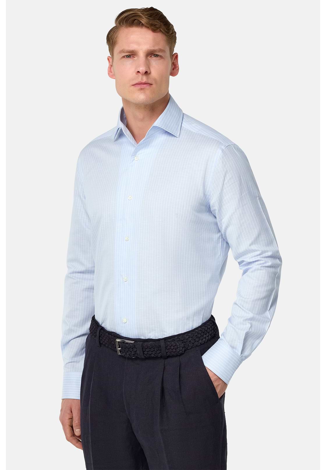 Chemise À Rayures En Coton Et Lin Regular Fit, Bleu clair, hi-res